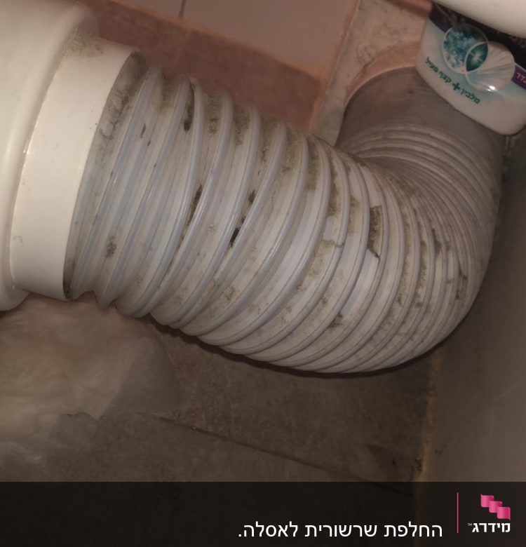 צינור גמיש מחובר לאסלה עם לכלוך קל.